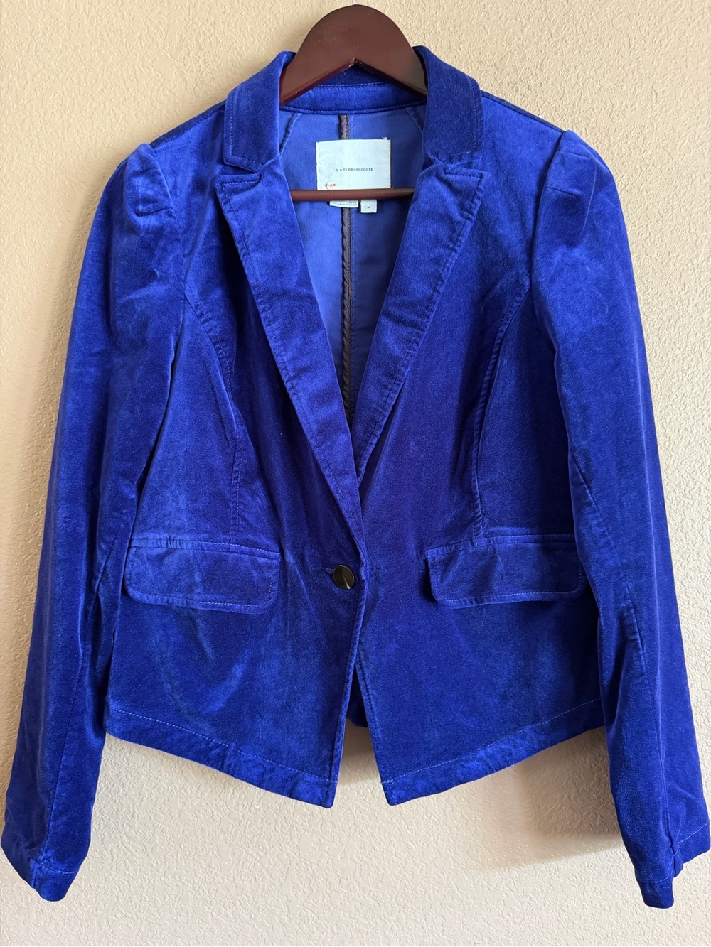 Anthropologie Royal Purple Velour One Button Blazer Size Medium